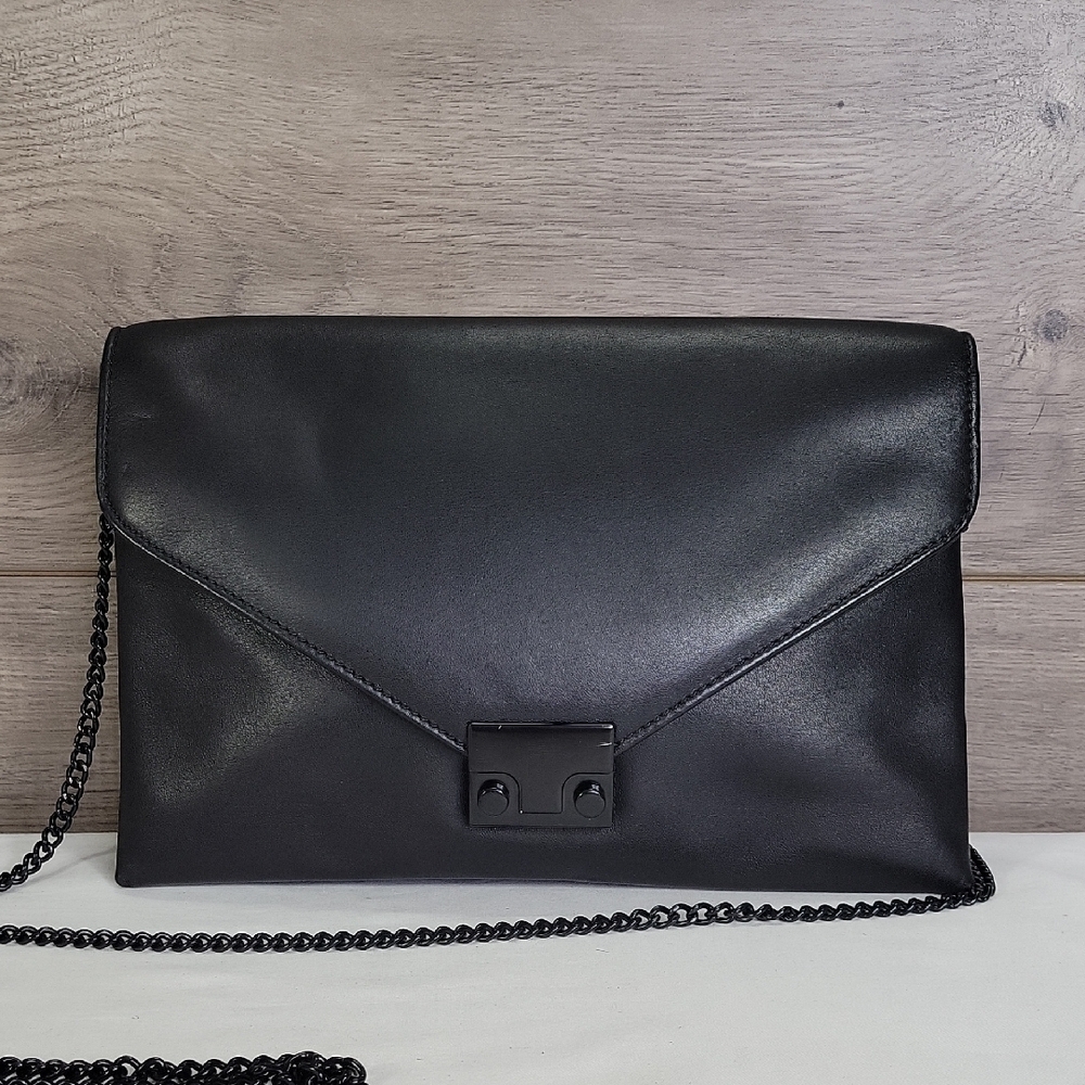 Loeffler Randall Black Leather Envelope Clutch Chain Strap Crossbody Bag